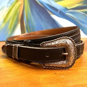 Lucchese Black Western Ranger Style Leather Belt Engraved Silver Buckle BLW13 36